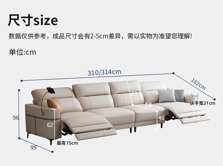 Leather electric sofa function: zero wall sofa, living room top layer cowhide size adjustable inline sofa