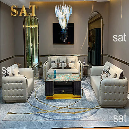 Luxury Modern Leather Couch Living Room High End Chesterfield Sofa Set Furniture With Gold Stainless Steel Decoration Villa Sofa