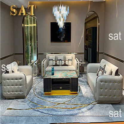 Luxury Modern Leather Couch Living Room High End Chesterfield Sofa Set Furniture With Gold Stainless Steel Decoration Villa Sofa