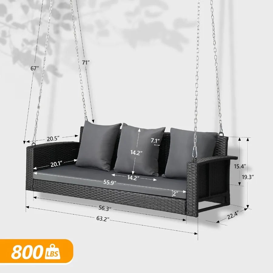 5FT Wicker Porch Swing for 3 Person 1000lb Capacity Outdoor Hanging Bench with 3 Removable Cushions in Beige Handwoven Weather-