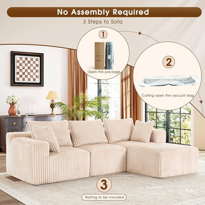 Modular Sectional with L-Shape Chaise, Cloud Sofa Living Room Bedroom Upholstered Sofa - No Installation - Plush Corduroy Fabric