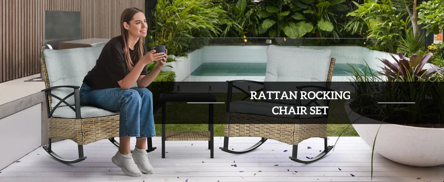 3 Piece Patio Rocking Chair Set, Outdoor Wicker Bistro Set with 2 Cushioned Porch Rockers and 2 Tier Coffee Table for Garden, Po