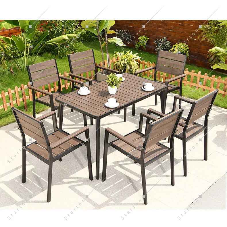6 Chairs Aluminum Outdoor Furniture WPC Dining Table Chairs Patio Garden Sets