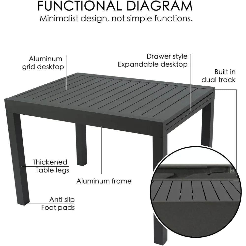 Villa Expandable Patio Dining Table - Adjustable, Aluminum Outdoor Furniture for 4-6 Person, Perfect for Backyard, Porch, Deck,
