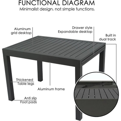 Villa Expandable Patio Dining Table - Adjustable, Aluminum Outdoor Furniture for 4-6 Person, Perfect for Backyard, Porch, Deck,