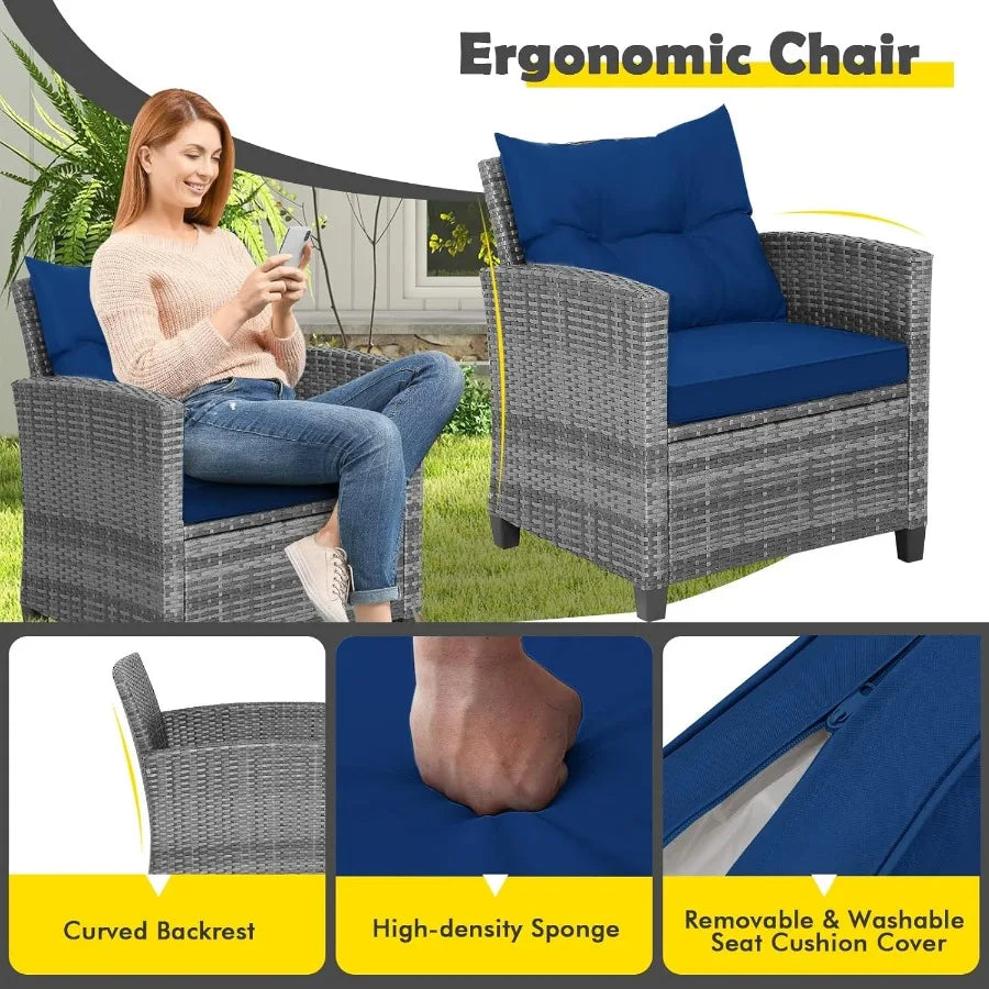 3 Piece Patio Furniture Set Outdoor Wicker Rattan Sofa with Cushions Coffee Table with Tempered Glass Conversation Sofa