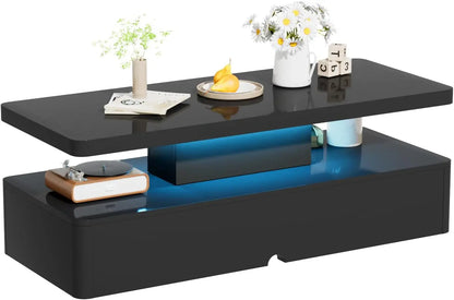 Modern LED Coffee Table, 40" Living Room Tables with 16 Colors LED Lights, Double-Layer Design, Stylish Coffee Tables