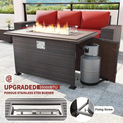 13-Piece Outdoor Patio Furniture Set with Gas Propane Fire Pit Table, PE Wicker Rattan Sectional Sofa in Red Color