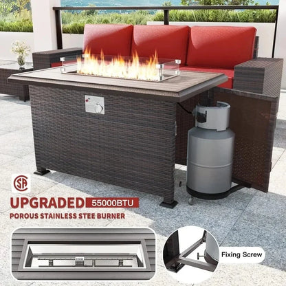 13-Piece Outdoor Patio Furniture Set with Gas Propane Fire Pit Table, PE Wicker Rattan Sectional Sofa in Red Color
