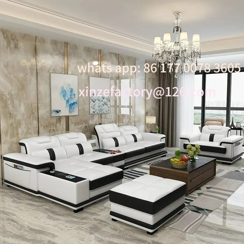 Customizable Modern Living Room Sofas L Shape Corner Genuine Leather Couch with Speake,Radio,USB, Bluetooth, Cup Holder