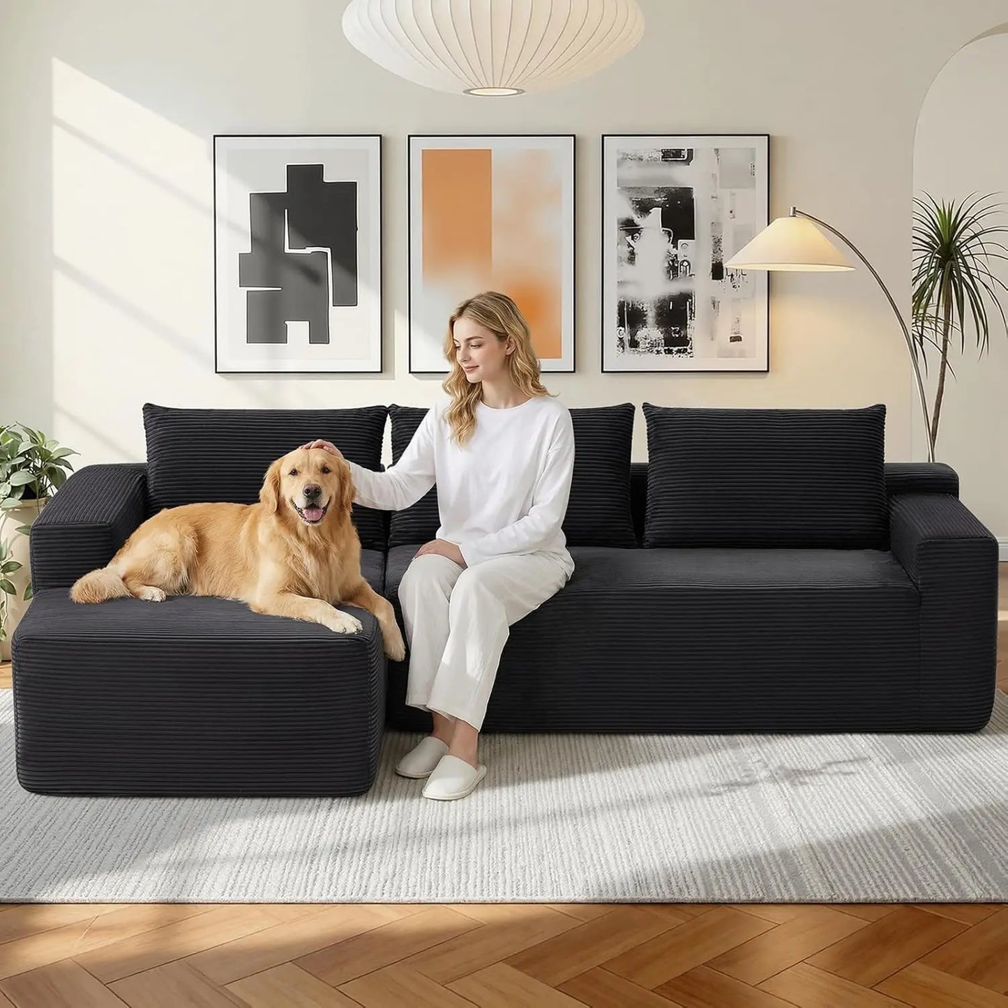 97" Modular Sectional Sofa L-Shape Chaise Deep Seat Corduroy Foam Living Room Left Facing No Assembly Black, Custom