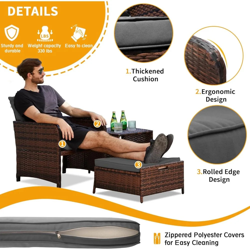 5-Piece Wicker Patio Furniture Set with Ottoman for Small Space Balcony Chairs and Footrest