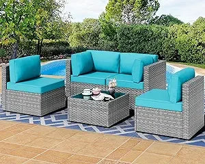 5 Pieces Outdoor Patio Sectional Sofa Couch, Silver Gray PE Wicker Furniture Conversation Sets with Washable Cushions & Glass C