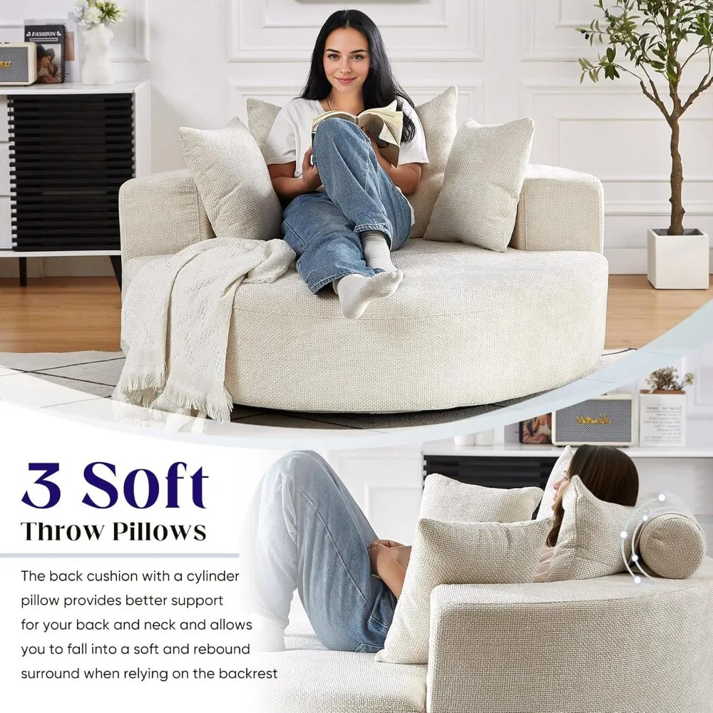 Oversized Round Swivel Chaise Longue Chair Indoor, Modern 55-inch 360 Degree Swivel Upholstered Chenille Deep Seat Circle Single