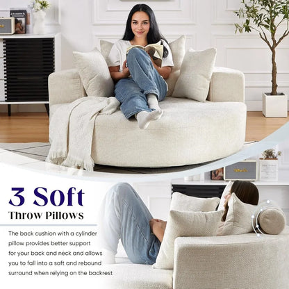 Oversized Round Swivel Chaise Longue Chair Indoor, Modern 55-inch 360 Degree Swivel Upholstered Chenille Deep Seat Circle Single