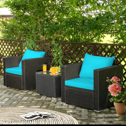 3PCS Patio Rattan Wicker Furniture Set Sofa Table W/Cushion Turquoise