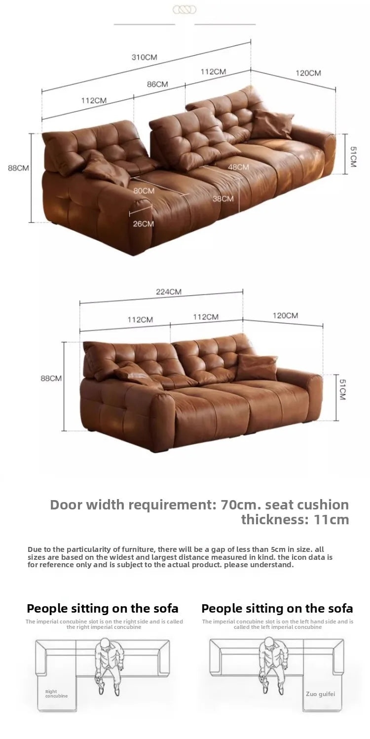 Retro oil wax leather sofa, small apartment living room straight row sofa, large sitting depth movable backrest medium ancient