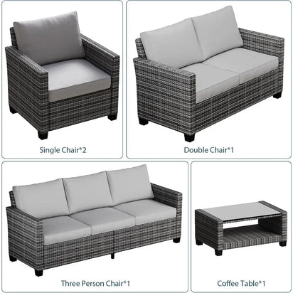 5 Piece Outdoor Patio Furniture Sets, Wicker Conversation Set for Porch Deck, Gray Rattan Sofa Chair with Blue Cushion, Brown