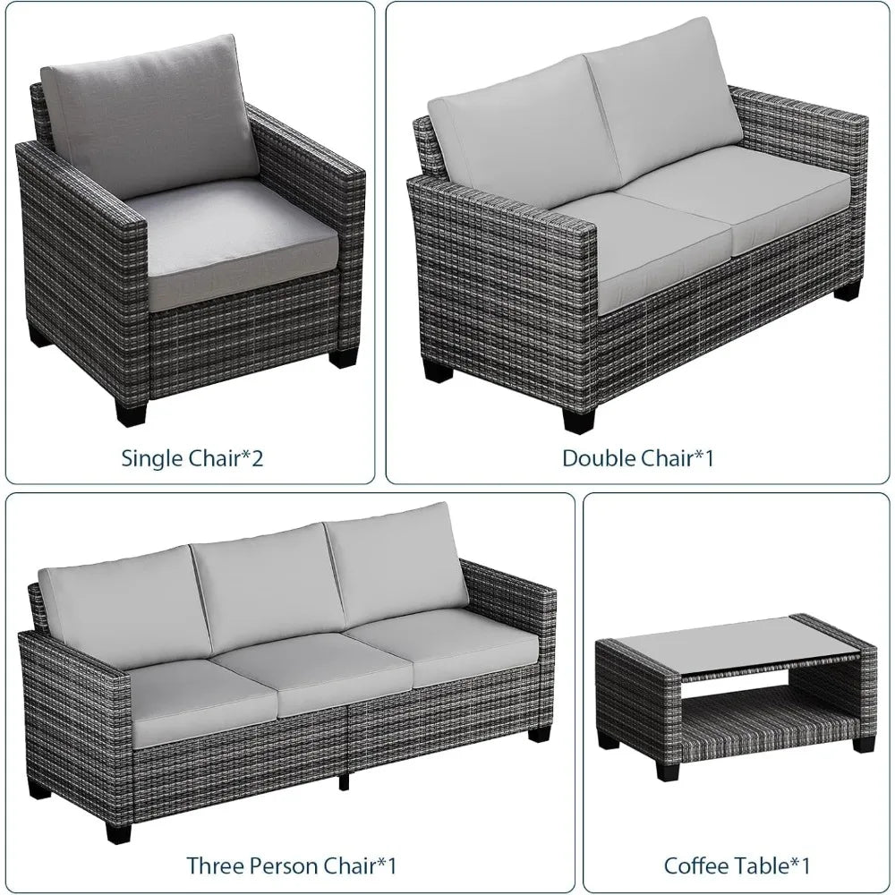 5 Piece Outdoor Patio Furniture Sets, Wicker Conversation Set for Porch Deck, Gray Rattan Sofa Chair with Blue Cushion, Brown