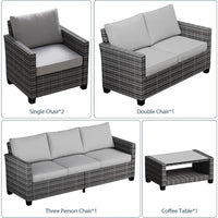 5 Piece Outdoor Patio Furniture Sets, Wicker Conversation Set for Porch Deck, Gray Rattan Sofa Chair with Blue Cushion, Brown