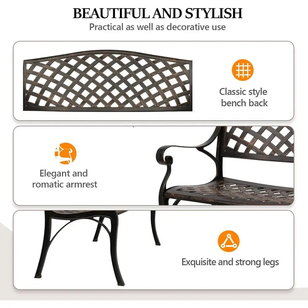 40.5 Outdoor Cast Iron Garden Bench, Rust-Resistant for Patio, Yard, Deck, and Entryway (Brown)