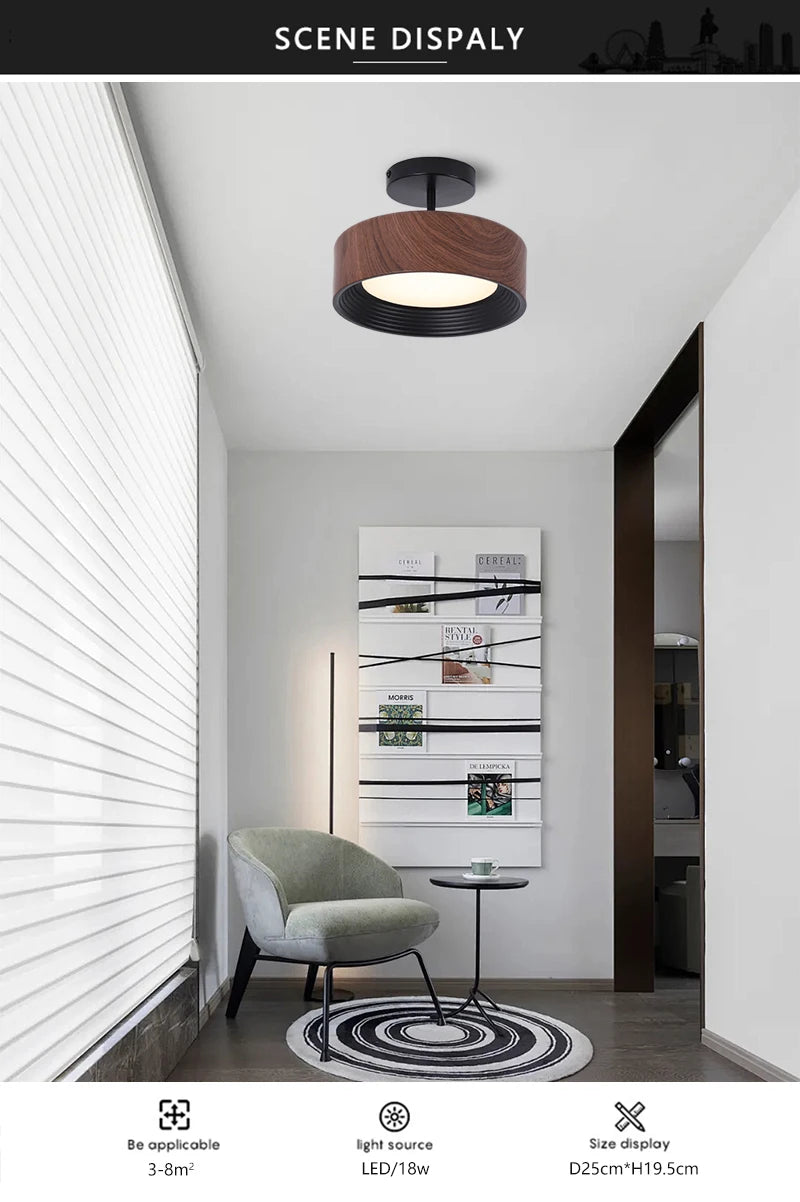 Nordic LED Ceiling Light Circular Walnut Wood Grain Aisle Light Dressing Room Corridor Balcony Decoration Indoor Ceiling Lamp
