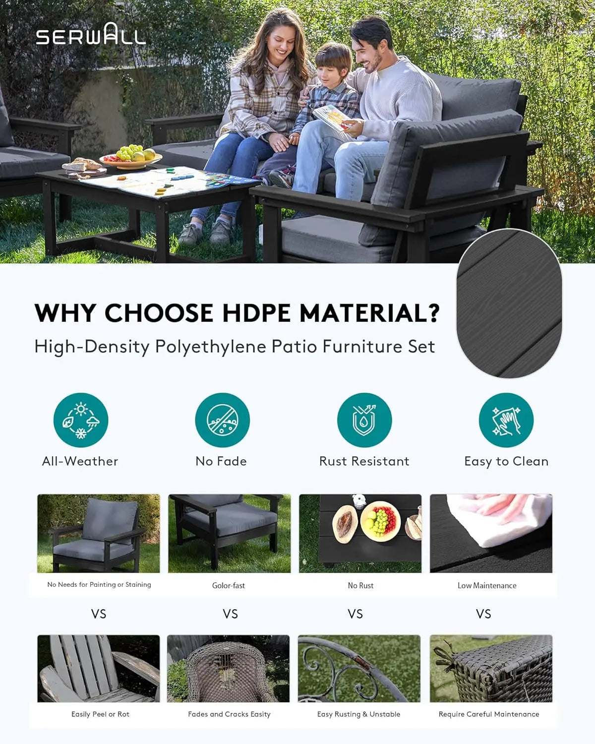 HDPE Patio Conversation Set, 6-Piece Sectional Outdoor Furniture Set, All Weather Outdoor Couch Set Patio Furniture Set