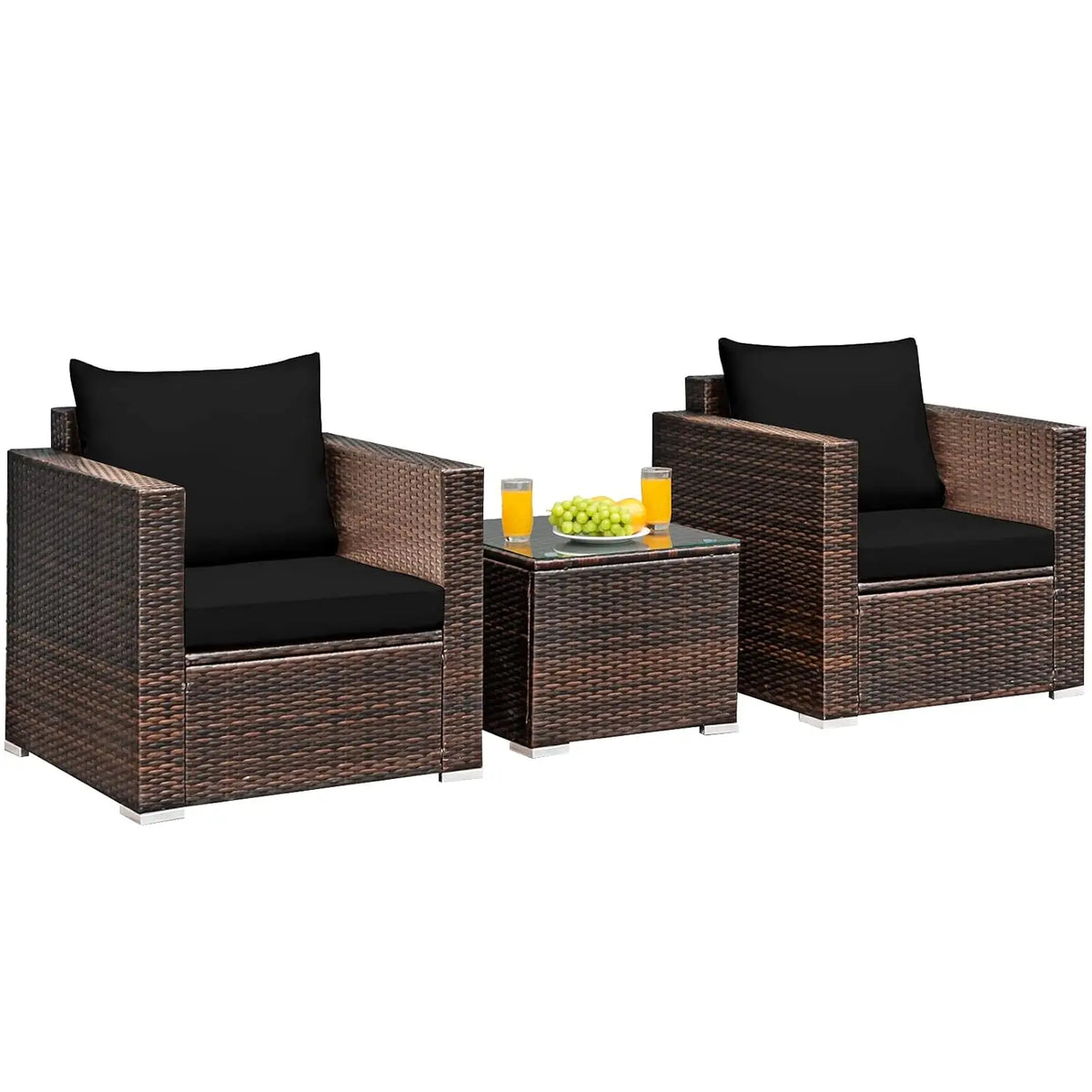 3 Pieces Patio Furniture Set, Outdoor Conversation Rattan Furniture Set w/Washable Cushion and Tempered Glass Tabletop, PE Ratta