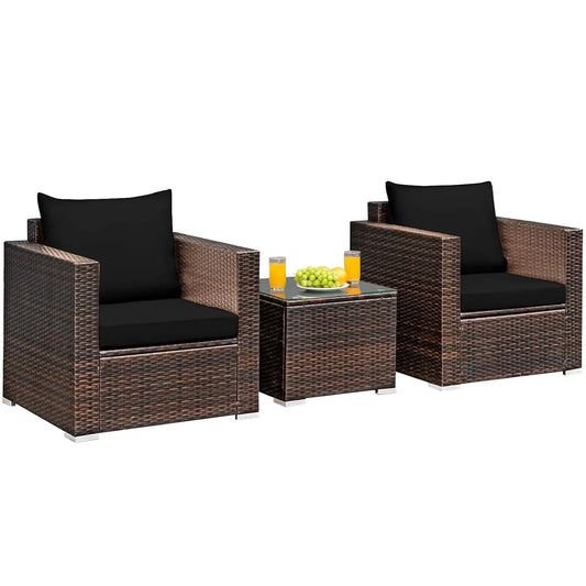 3 Pieces Patio Furniture Set, Outdoor Conversation Rattan Furniture Set w/Washable Cushion and Tempered Glass Tabletop, PE Ratta