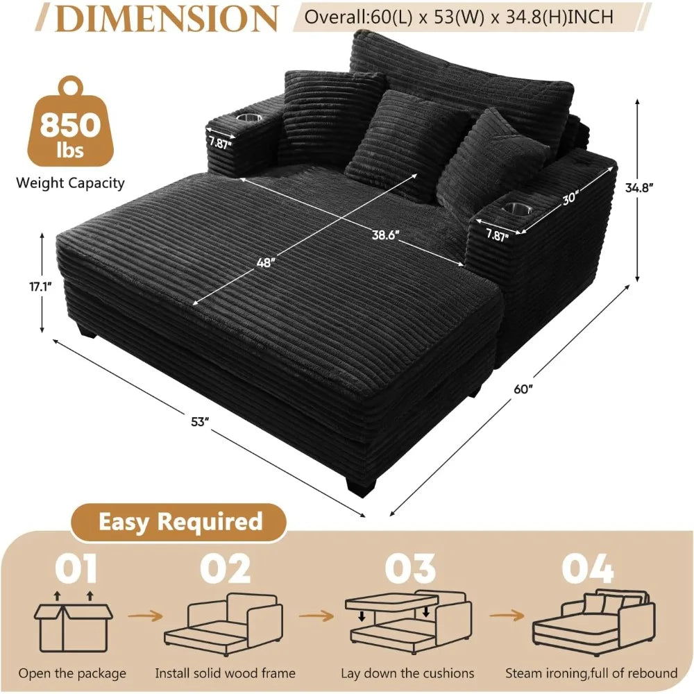60 Chaise Lounge Indoor, Upgraded Oversized Upholstered Sofa Bed with Pillows & Armrests, Fluffy Plush Faux Fur Sleeper Couch Ch