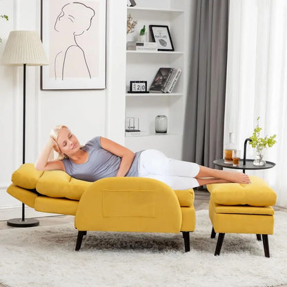 Yellow Velvet Oversized Lounge Chair with Ottoman and Adjustable Backrest for Living and Bedroom Comfort