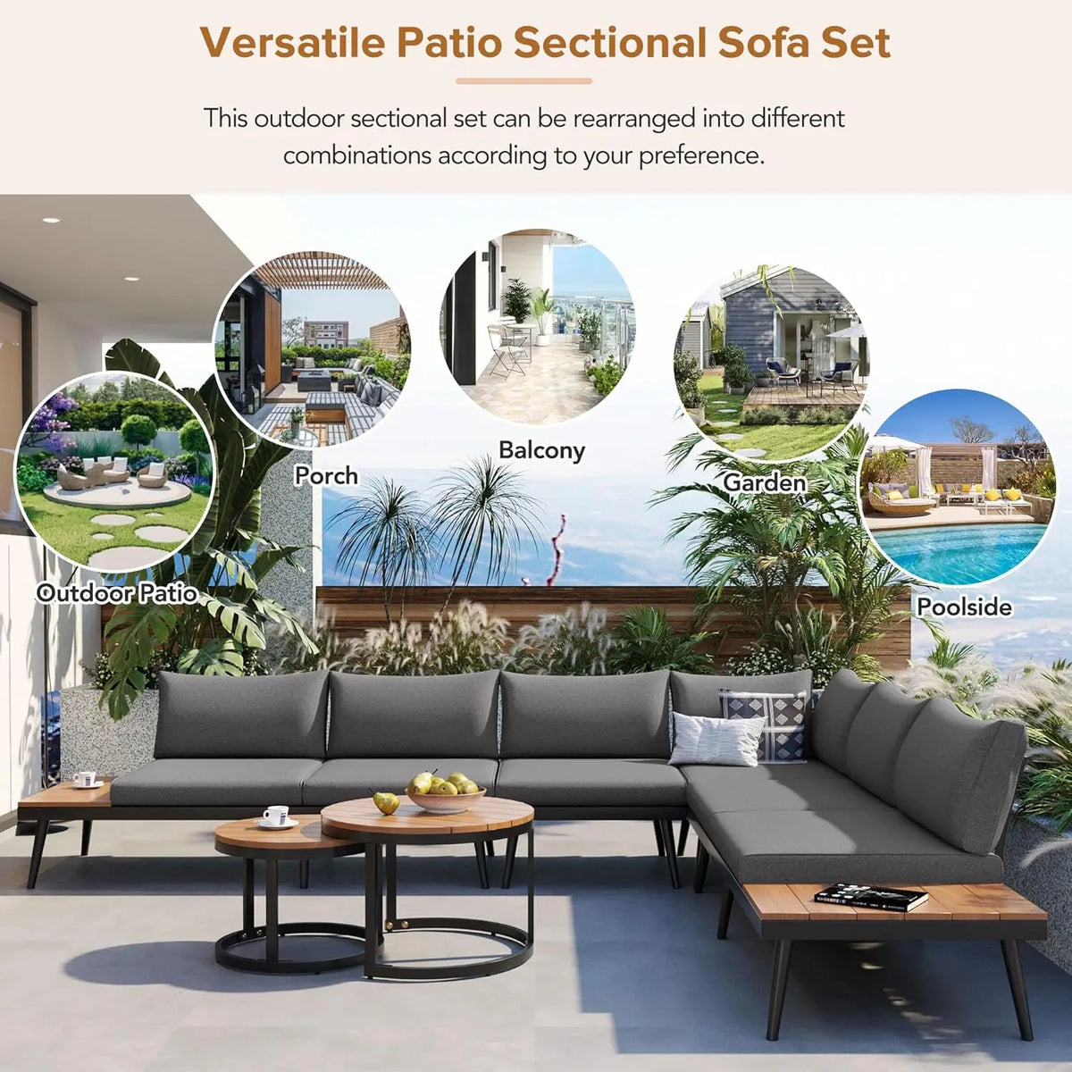 Modern Patio Furniture Set, 6-Piece Outdoor Sectional Sofa Set with Round Nesting Coffee Tables and Seating Sofa, Customized