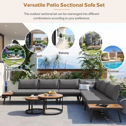 Modern Patio Furniture Set, 6-Piece Outdoor Sectional Sofa Set with Round Nesting Coffee Tables and Seating Sofa, Customized