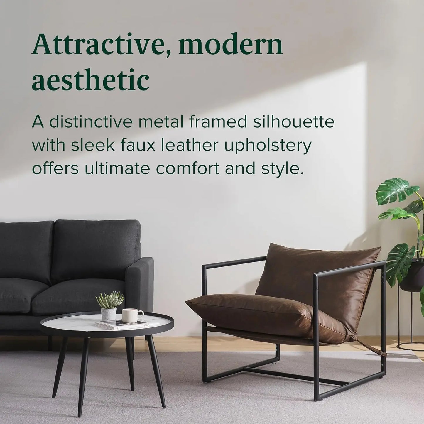 Faux Leather Sling Accent Chair, Metal Framed Armchair with Shredded Foam Cushioning, Cocoa Brown