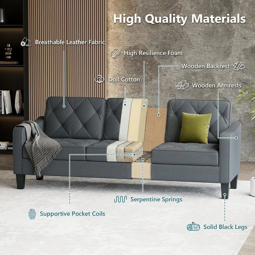 83” Century ern 3 Seater Couch, Small Couches or Living Room, Comy Grey Couch or Aparent Oice Waiting Area, Tuted Design (k Grey