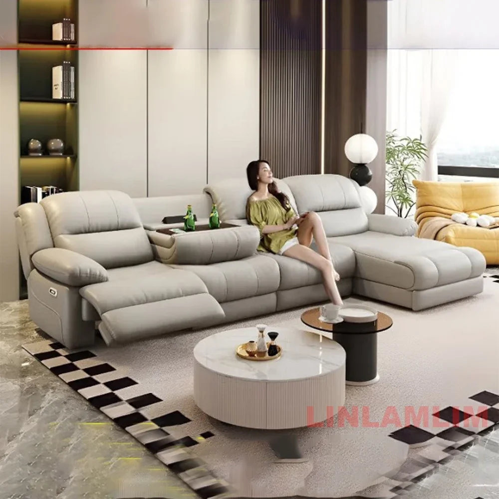 Modern Electric Reclining Sofa with Power Outlet, USB, and Hidden Cup Holders – Genuine Leather Recliner Couch for Living Room