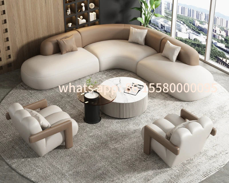 Customizable Curved Leather Corner Sofa Set with Solid Wood Frame, Modern Sectional Couches for Living Room