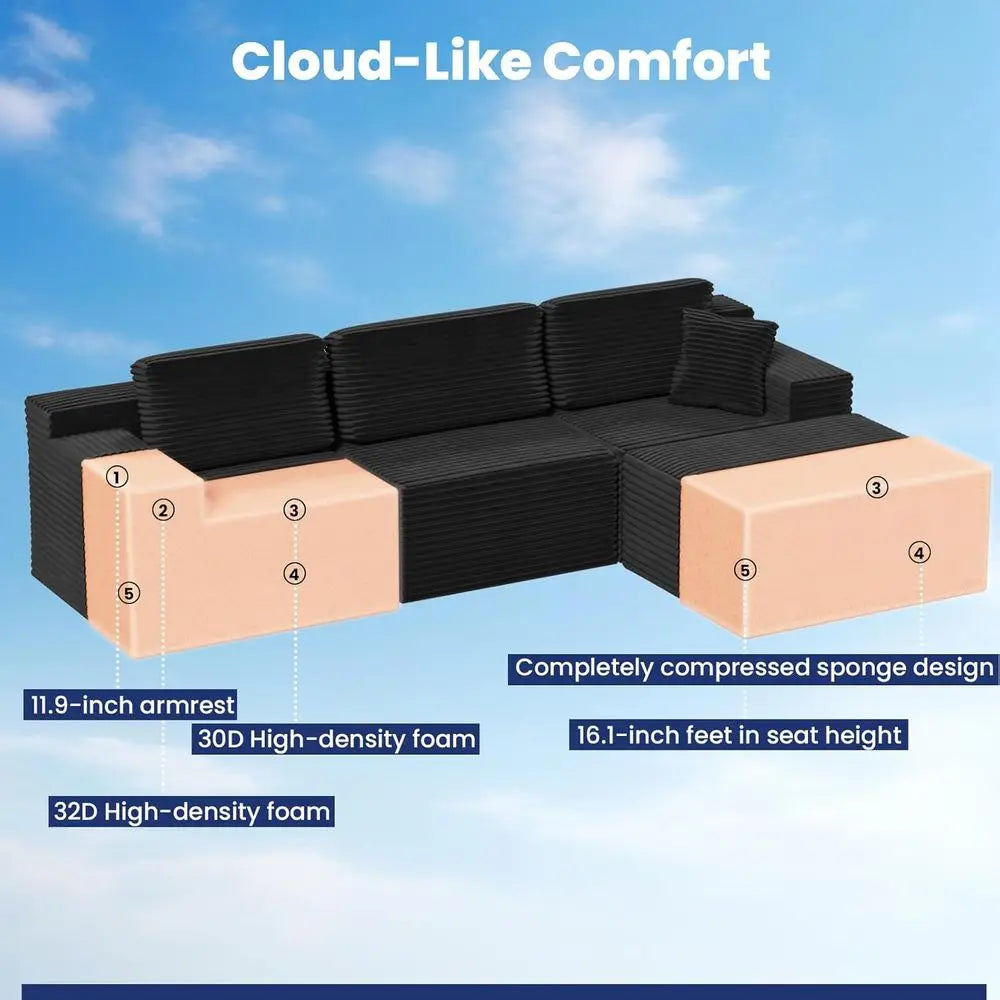 108" Cloud Sectional Couch Sofa with L-Shape Chaise, Modern Modular Sofa Couch Upholstered Couches for Living Room Bedroom, No A