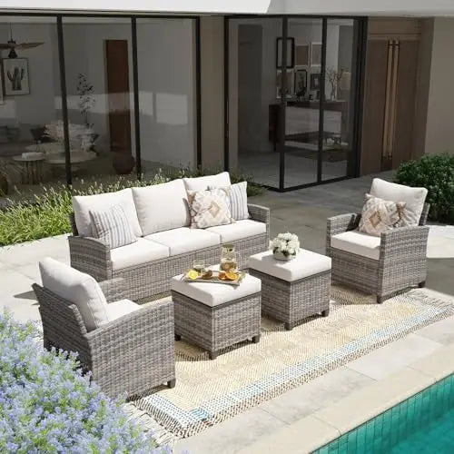Patio Furniture Set, Modular Patio Set Wicker Outdoor Sectional Sofa Set PE Rattan Wicker Patio Conversation Set with T