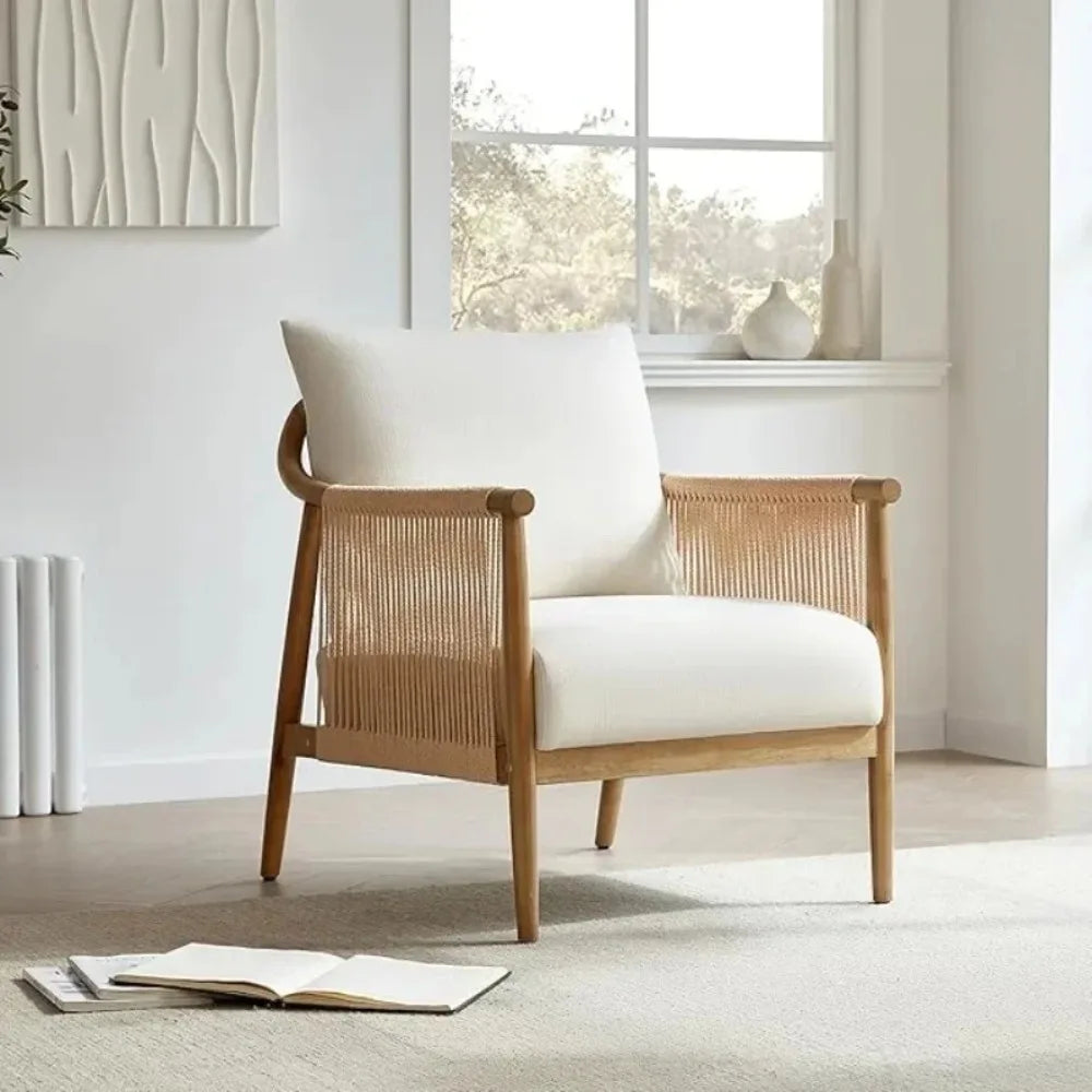 Chairs-Tool Braid Armchair, Modern Accent Chair for Living Room, Cream