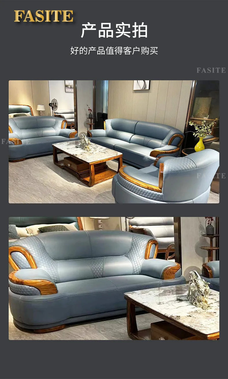 New Chinese ebony leather sofa modern simple living room large first layer yellow cowhide new solid wood combination