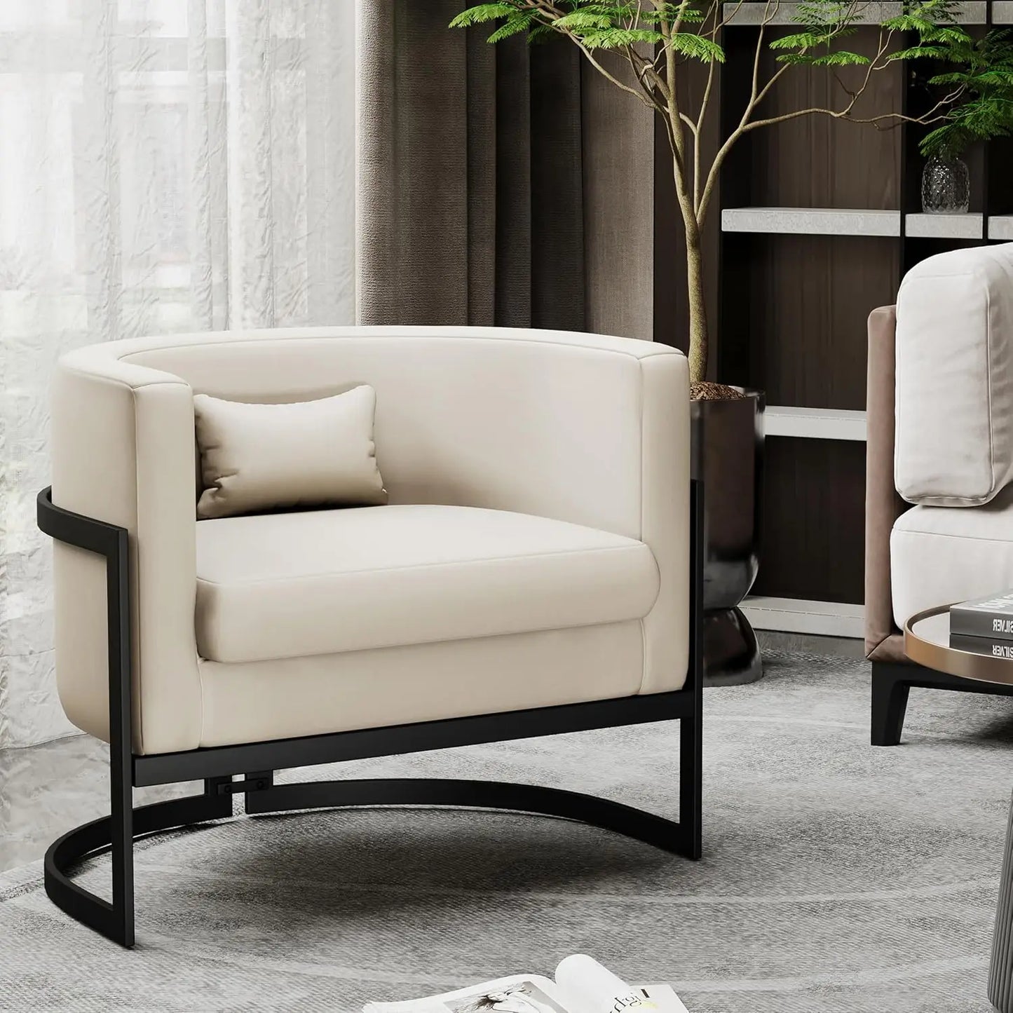 Modern Faux Leather Barrel Chair, Beige Upholstered Accent Armchair for Living Room or Bedroom – Scratch-Resistant Lounge Chair
