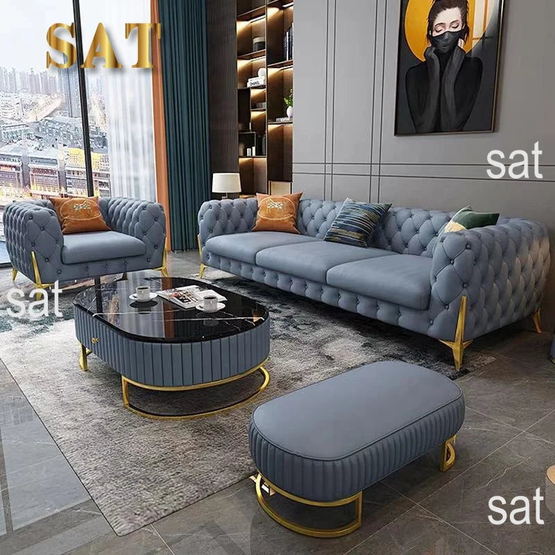 leather sofa setLight luxury sofa combination high-end living room furniture  Italian stainless steel modern art