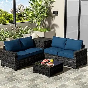 4-Seater All-Weather Outdoor Patio Furniture Set with Storage & Table, L-Shaped Sectional Sofa & Corner Couch - PE Rattan Wicker