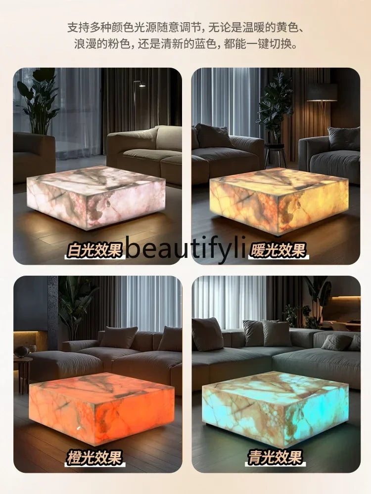 CNatural jade coffee table square crystal light luxury mansion blue and white jade living room marble luminous coffee table C660