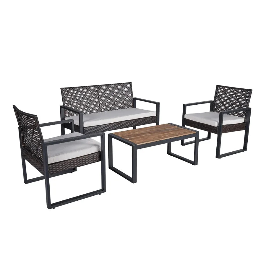 4Piece Patio Furniture Set Outdoor Balcony Porch Garden Backyard Lawn Furniture Acacia Wood Table Top Morden Brown and Beige Cu