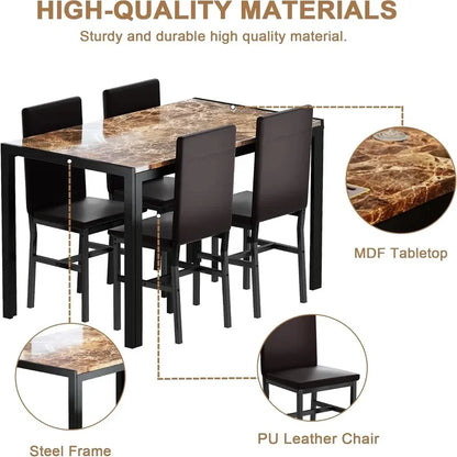 Modern Dining Table Set for 4, Space-Saving Kitchen Table with 4 PU Leather Chairs
