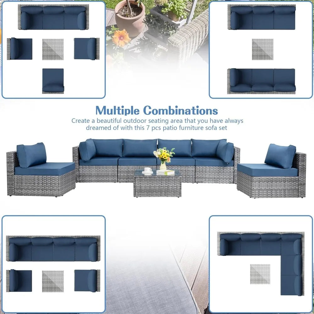 7 Pieces Outdoor Patio Sectional Sofa Couch, Silver Gray PE Wicker Furniture Conversation Sets with Washable Cushions & Glass C