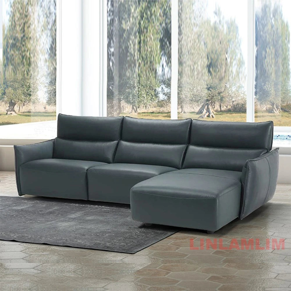 QY Dual Motor Power Reclining Genuine Leather Sectional Sofa with Adjustable Headrests, L-Shaped Corner Couch with Chaise Lounge
