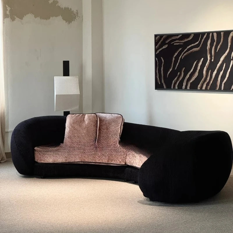 Retro old money wind curved design special-shaped large flat-layer fabric sofa lamb wool semi-circular moon sofa